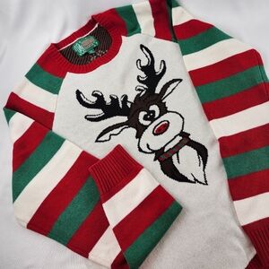 Ugly Christmas Sweater Rudolph Pooping Gingerbread XL Red Green White Stripes